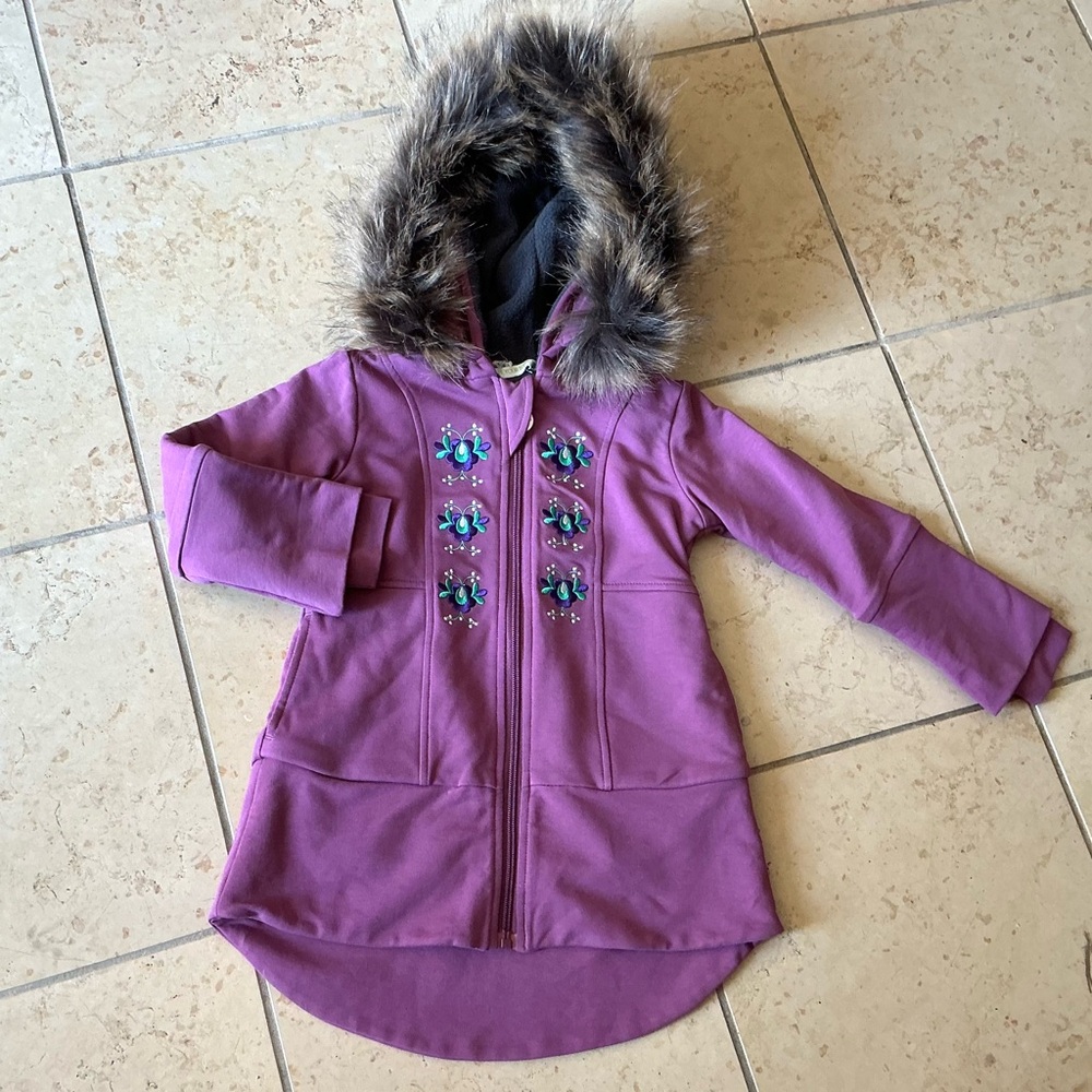 EUC Peekaboo Beans Purple Kids Hooded Jacket with Removable Faux Fur Trim size 2